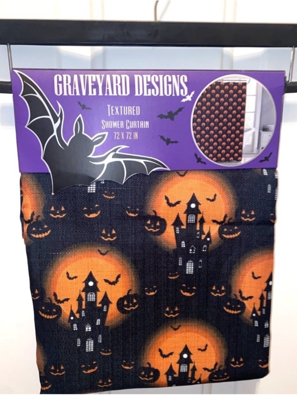 Halloween Textured Shower Curtain Orange Black Graveyard Designs